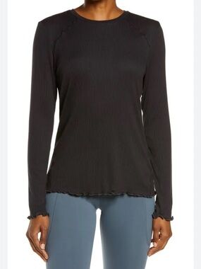 NEW ZELLA Black Long Sleeve Ribbed Top Lettuce Hem Lightweight Athletic Size M